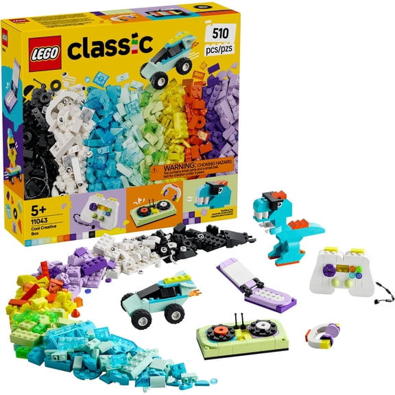 LEGO Classic Cool Creative Box – 510-Piece Building Set with Bricks, Wheels & Eyes, Build Dinosaur, Monster Truck, Skateboard & More, Creative Toy Gift for Kids Boys & Girls – 11043
