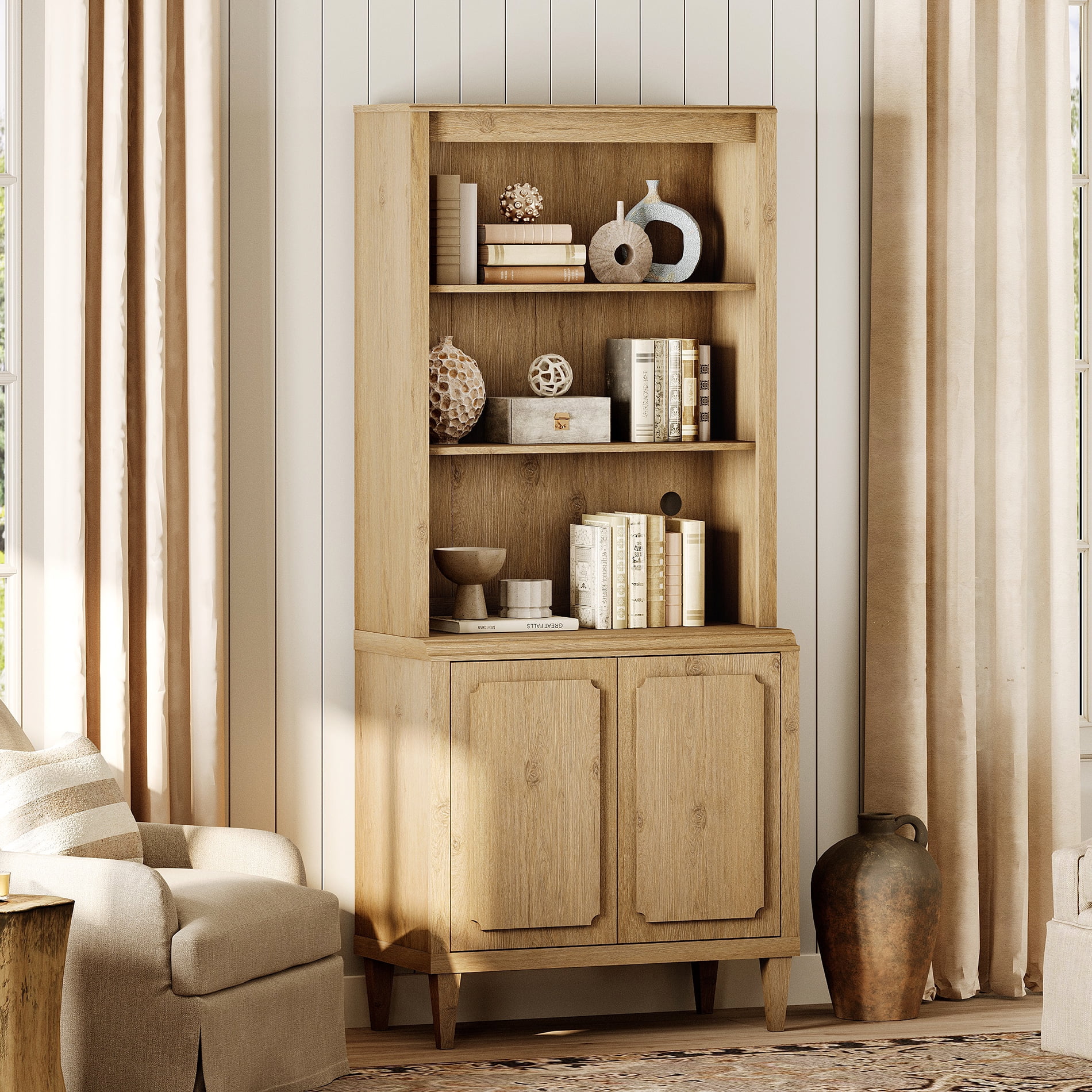 Tall Bookshelf with Doors, 72.8 Inch Large Wood Bookshelf with Storage