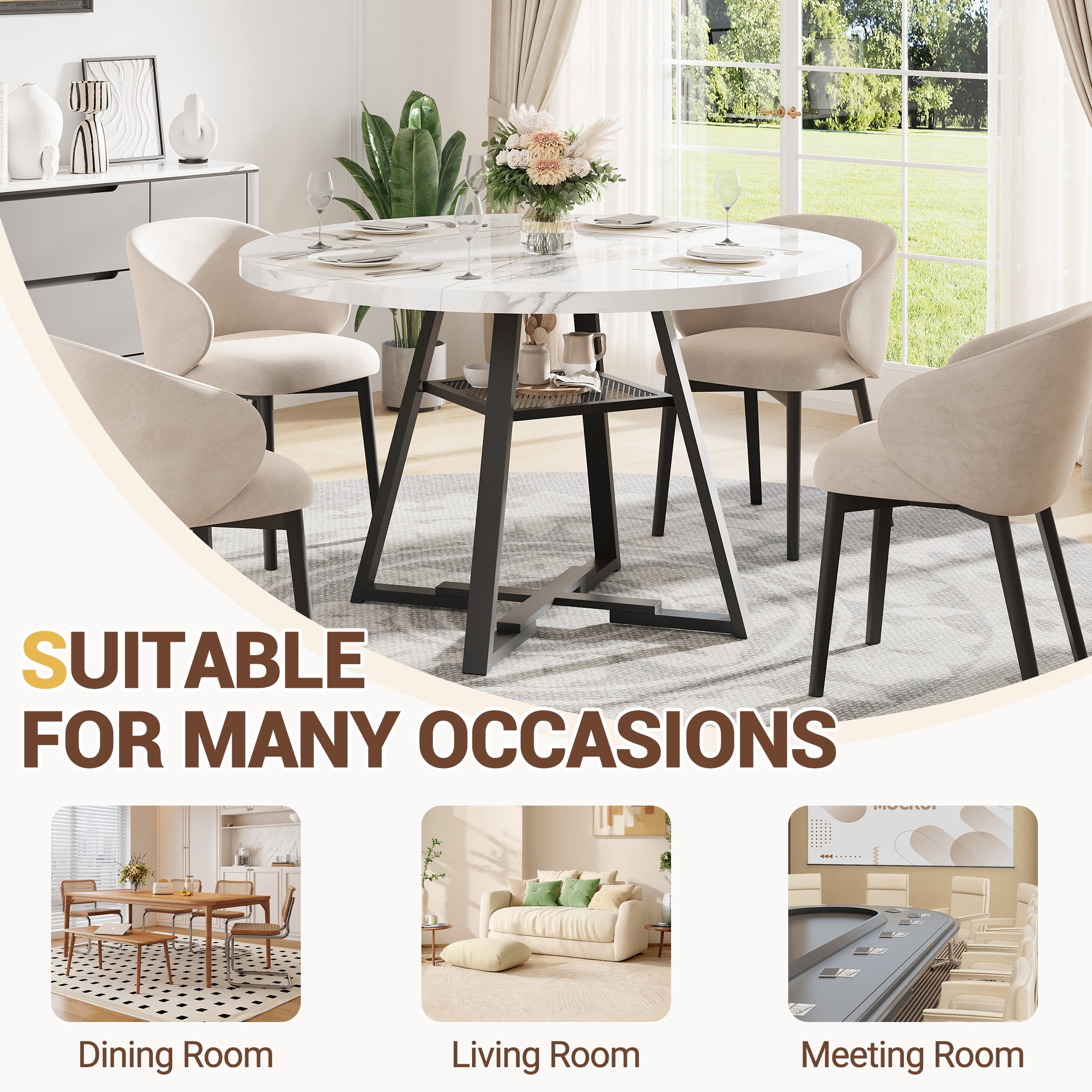 UHOMEPRO Round Kitchen Table for 4, Faux Marble Dining Table with Storage Shelf, Modern High Glossy Dining Room Table with Sturdy Cross-Shaped Base Support (Only Table), White