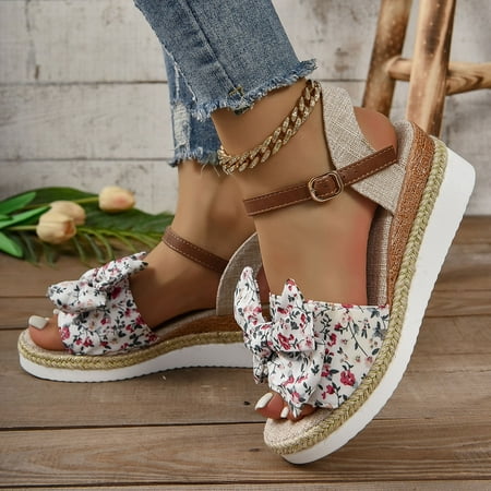 

AOOCHASLIY Independence Day Shoes Women s Summer Platform Floral Bow Wedge Fish-mouth Roman Sandals