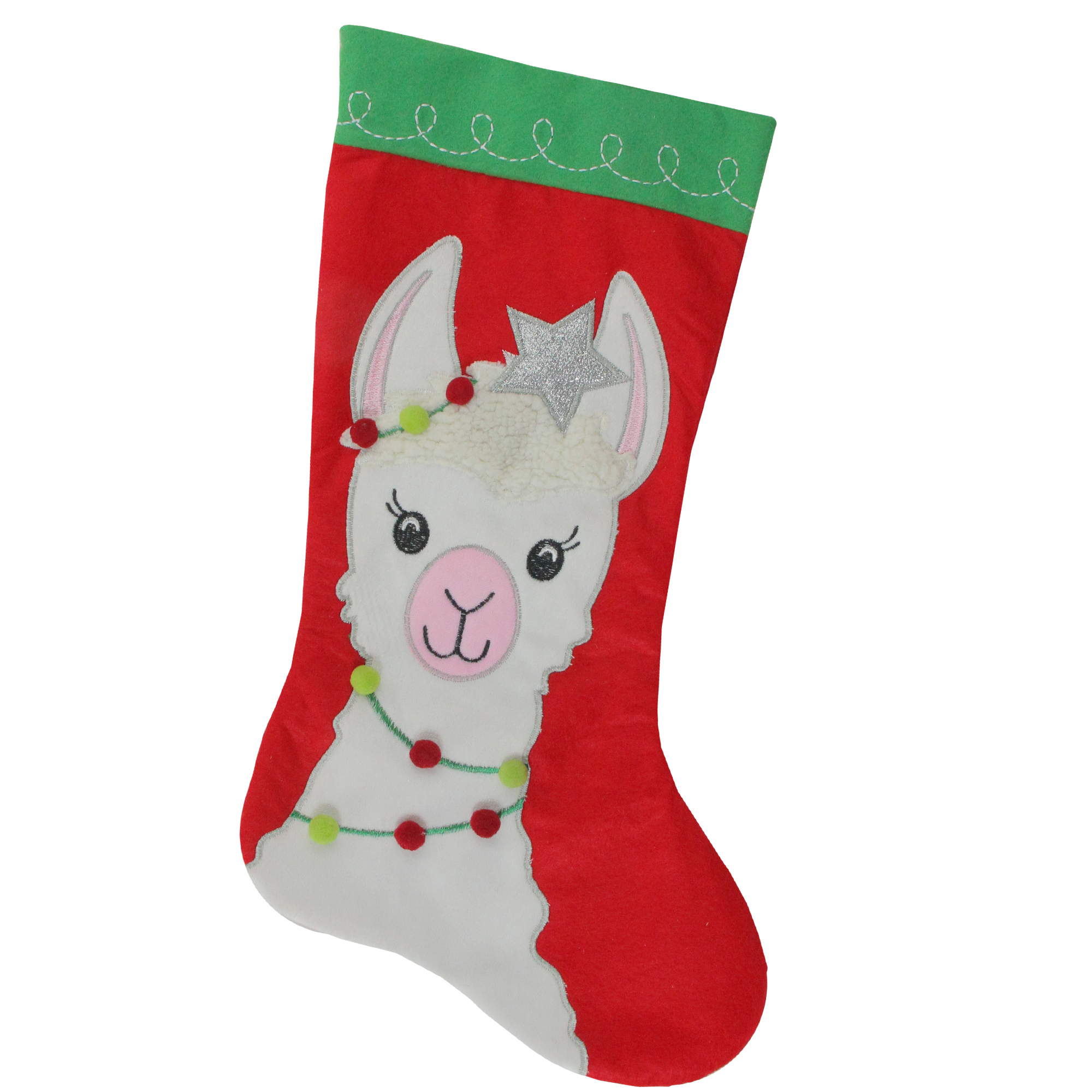 20" Red and Green Christmas Stocking with Festive Llama with Pom