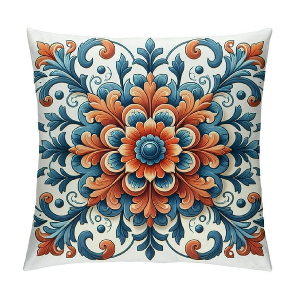Creowell Navy Blue Orange Pillow Covers, Ethnic Carpet Pattern Design Decorative Throw Pillows Blue Print Farmhouse Cushion Pillow Covers for Sofa Couch Outdoor Decor