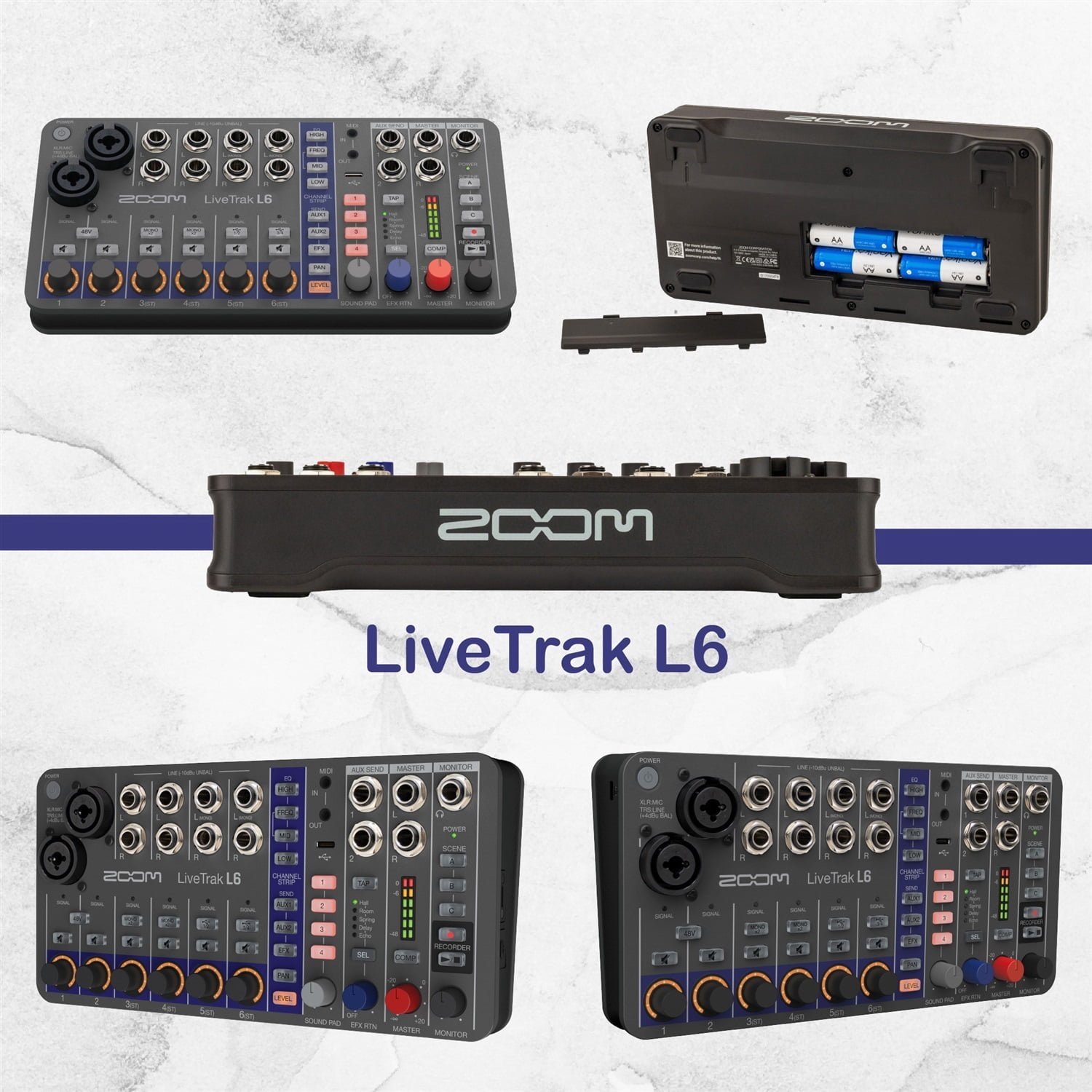 Zoom LiveTrak L6 6-Channel Digital Mixer and Multitrack Recorder Bundle with 2× 10ft XLR Cables, 32GB microSDHC Card, USB Cable, AA Batteries, Limited 1-Year Manufacturer Warranty