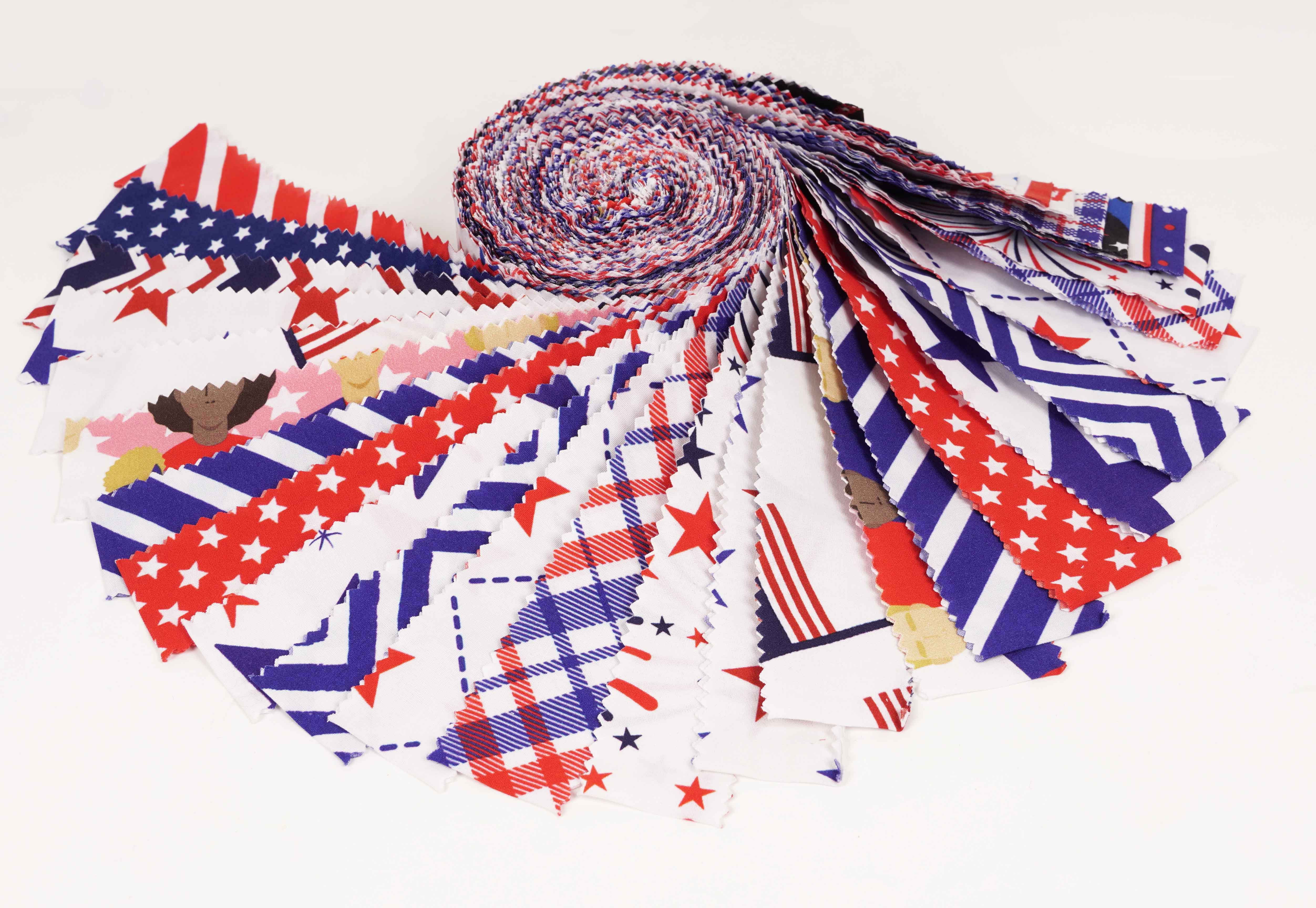 Soimoi 40Pcs American Color Flag Theme Print Precut Fabrics Strips Roll Up 1.5x42inches Cotton Jelly Rolls For Quilting - Red, Blue & White