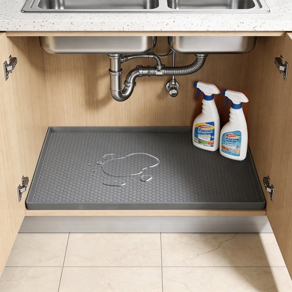 GARITIN Under Sink Mat 34" x 22", Waterproof Silicone Kitchen Cabinet Liner, Non-Slip Protector for Bathroom & Laundry, Gray