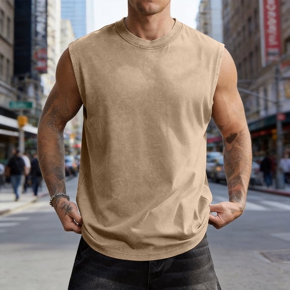 Domuza Sleeveless Shirts for Men Cotton Workout Tank Tops Muscle Cut Off Shirt Summer Beach Casual Oversized Washed Tee Khaki M