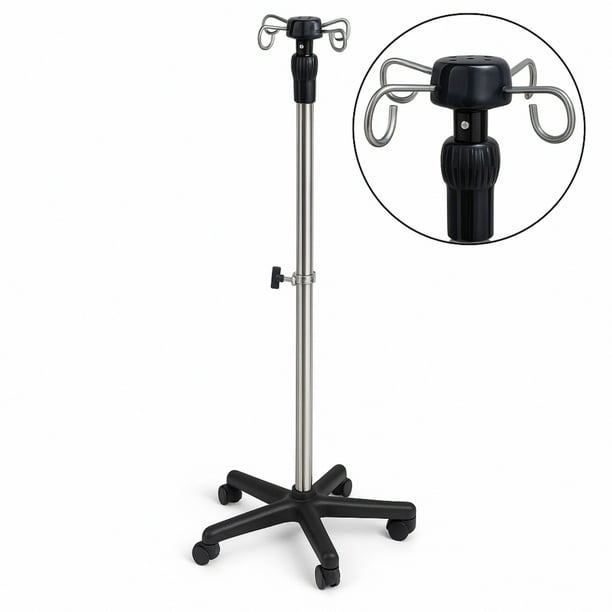 Porta Sueros Médico con Ruedas 5 Llantas, Base Estable 50x50 cm, Altura Ajustable 78–102 cm, 4 Ganchos Resistentes, Soporte Portátil para Casa, u Otros Sitios