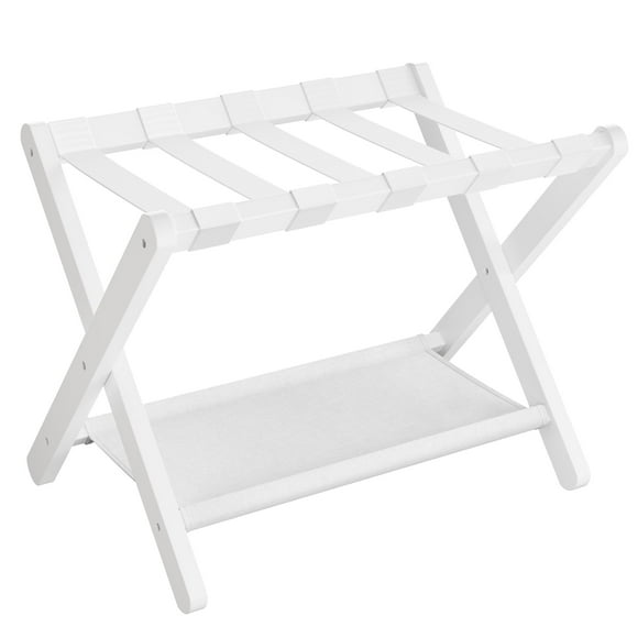 SONGMICS Portaequipajes, Soporte para maleta plegable con estante de almacenamiento, para habitación de huéspedes, hotel, dormitorio, resistente, soporta hasta 131 lb, Blanco clásico URLR007W01
