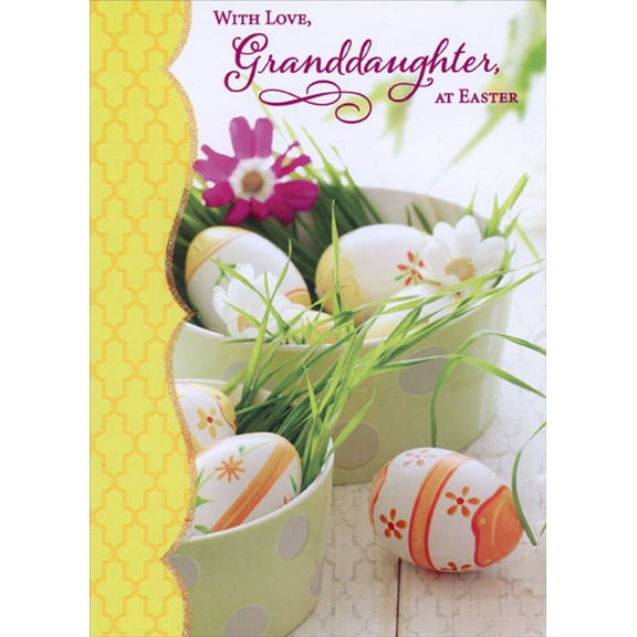 Designer Greetings Two Spotted Bowls : Eggs with Orange and Yellow Artwork Granddaughter Easter Card