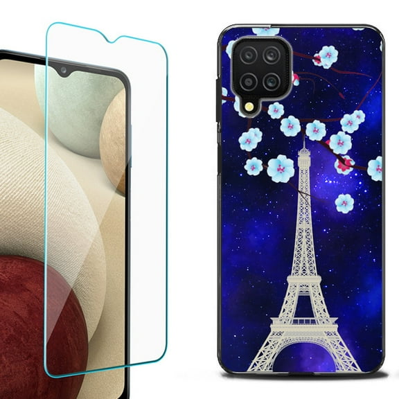 Slim-Fit Flexible TPU Gel Phone Case (black) for Samsung Galaxy A12, with Tempered Glass Screen Protector, by OneToughShield ® - Eiffel Tower Stars