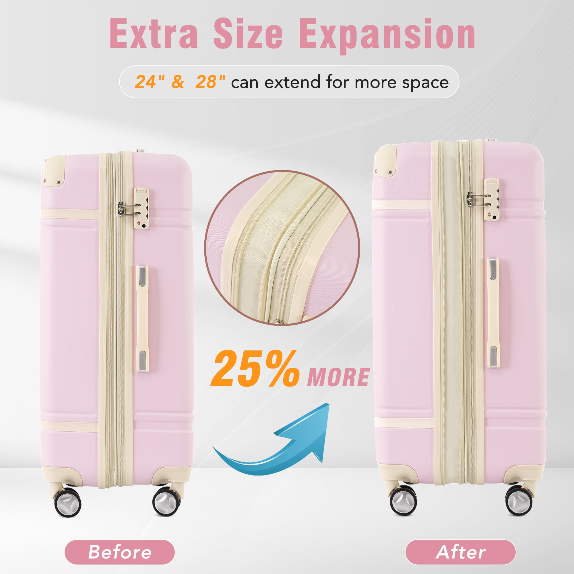 MAYEERTY Vintage 4-Piece Luggage Set - 20"+24"+28" Expandable Hardside Suitcase + Cosmetic Case with TSA Lock & Spinner Wheels, Light Pink