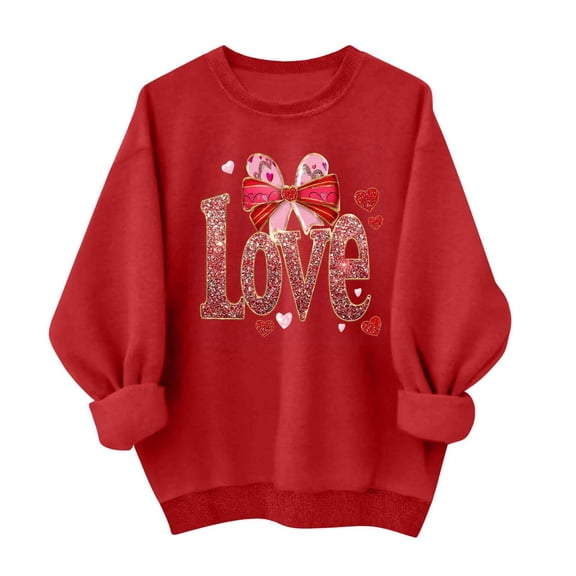 Womens Glitter Love Sweatshirt Valentines Day Bow Graphic Pullover Long Sleeve Crewneck Tops Sparkle Pink Holiday Shirt
