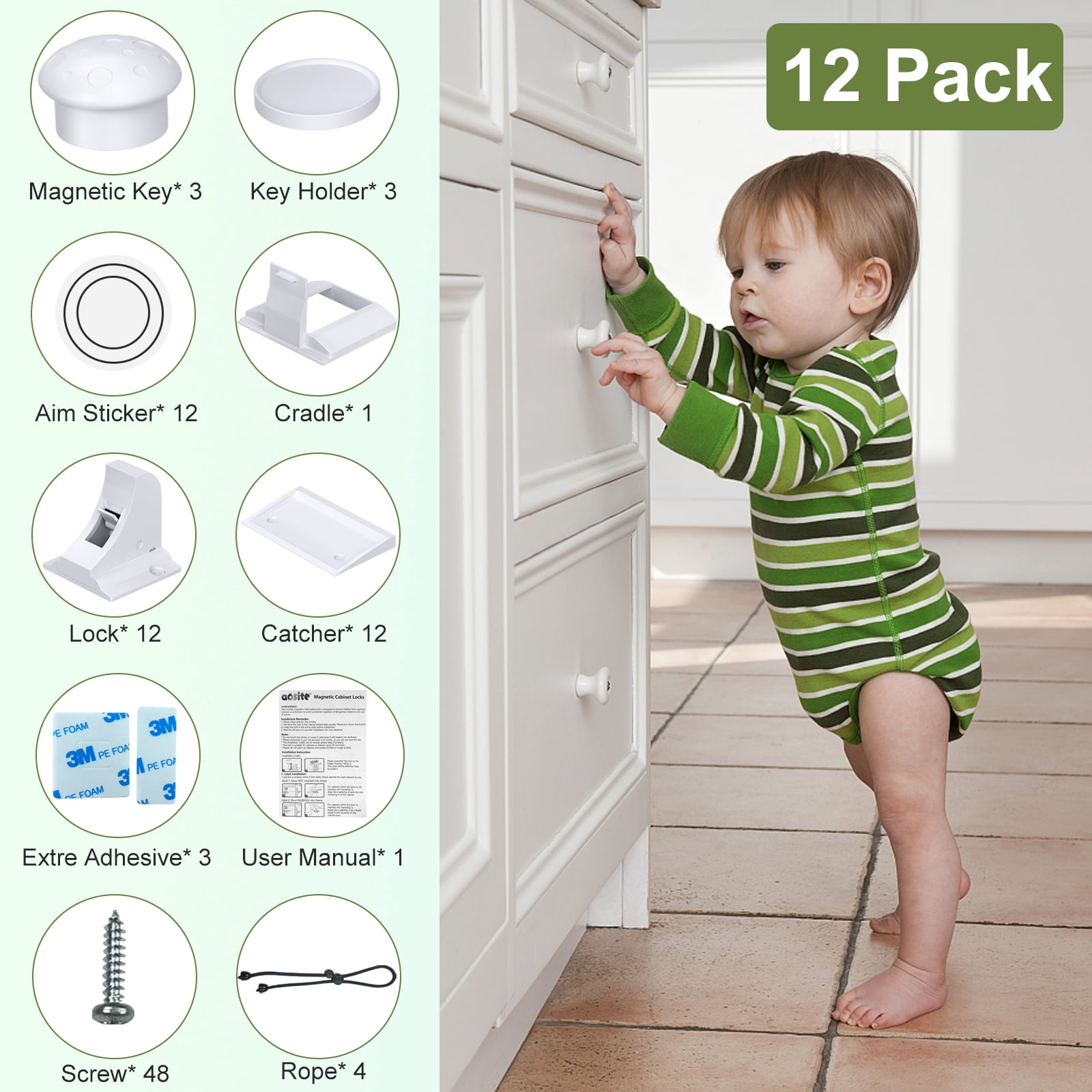 Child Safety Magnetic Cabinet Locks, AOSITE 12 Pack+3 Keys Baby Proofing Magnetic Drawer Locks for Kitchen with Adhesive No Drilling or Screws Fixed, 4 Baby Safety Cabinet Locks for Knobs