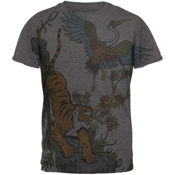 The Tiger and Crane All Over Dark Heather Soft Adult T-Shirt - 2X-Large