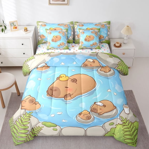 Erosebridal Kids Cute Capybara In The Water Twin Bedding Sets 7-Piece,Cartoon Animal Yellow Duck Bedding Comforter Set For Boys Girls,Breathable Home Decor