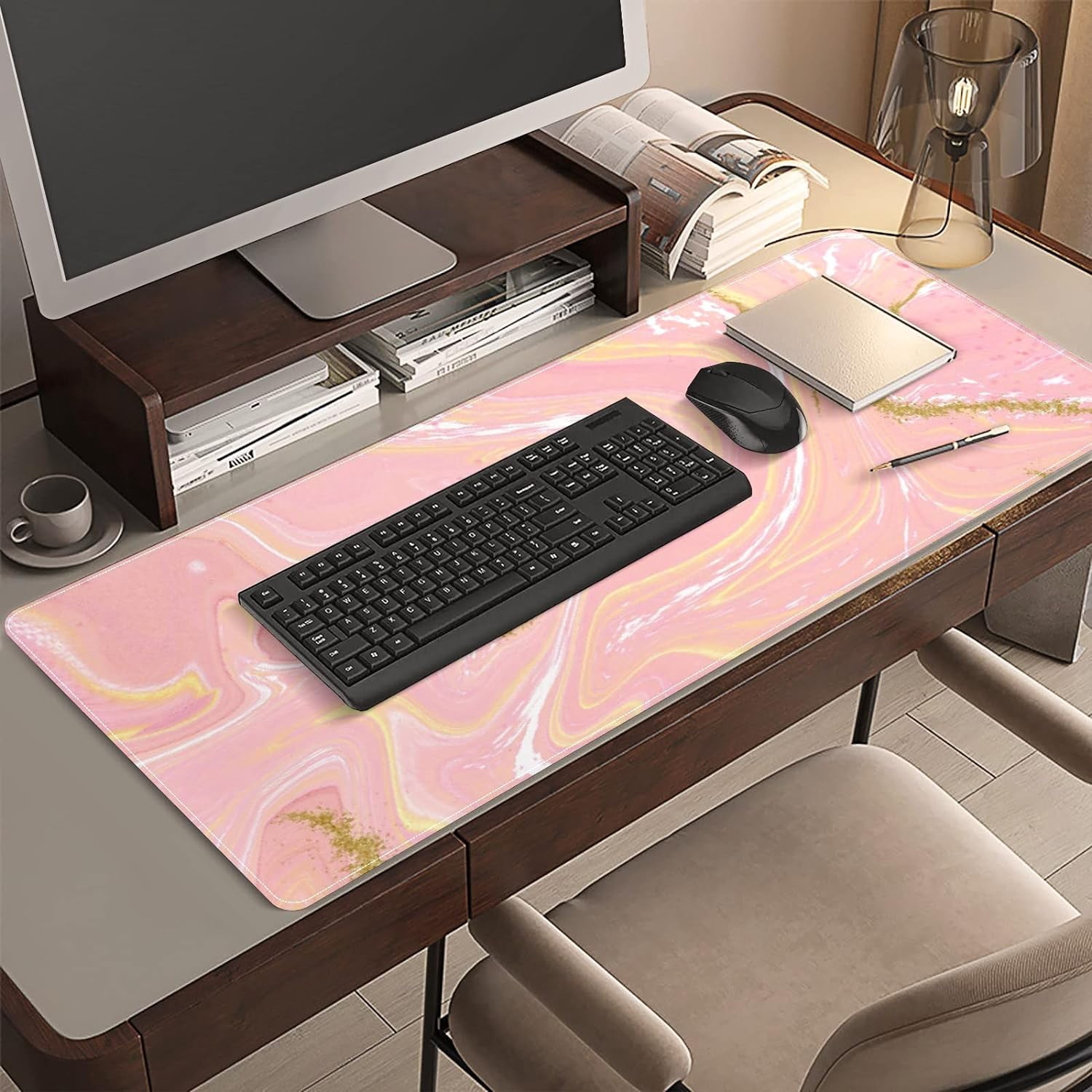 Beauty Pink Gold Sparkling Marble Desk Mat, Desk Accessory, Cute Workspace, Trendy Workspace, Trendy, 35.4x15.7in Large Gaming Mouse Pad, Cute Desk Topper, Pretty Desk Pad