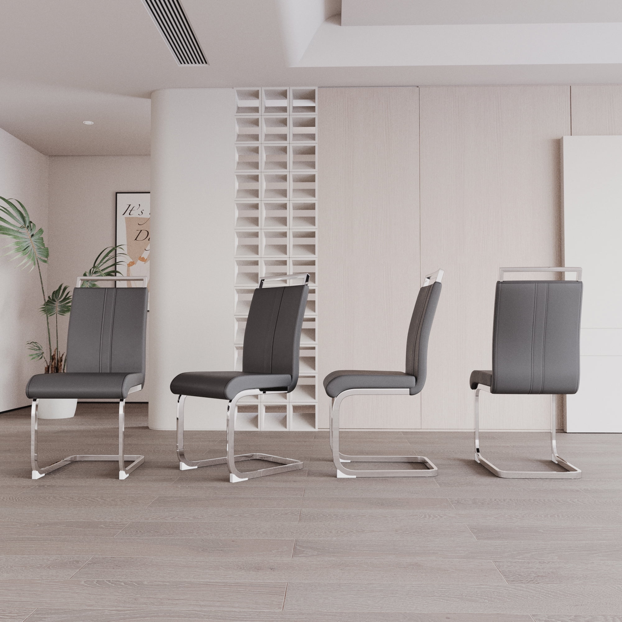 Dining Chairs Set of 4 PU Leather High Back Upholstered Chairs with Gold Metal Legs for Home Kitchen Dining Room Patio, Grey