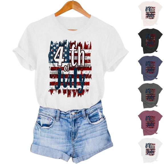 Goodtrade8 Womens USA Years Anniversary Shirts Casual Short Sleeve Pullover Summer Red White and Blue Independence Day American Flag 4th of July Crew Neck Shirts for Women Graphic