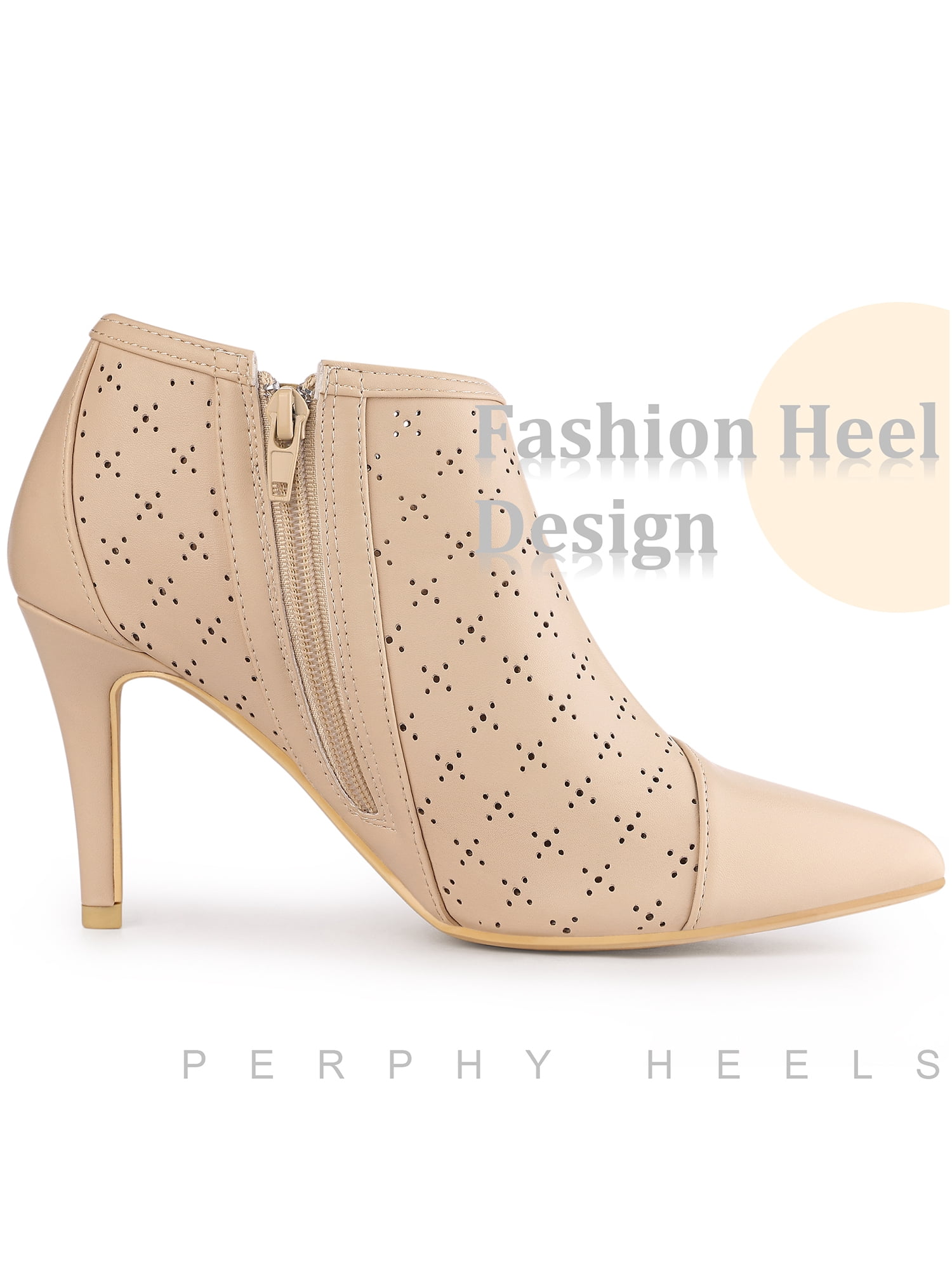 DARING DIVA Women's Perforated Pointy Toe Zipper Stiletto Heeled Ankle Boots Nude 6.5