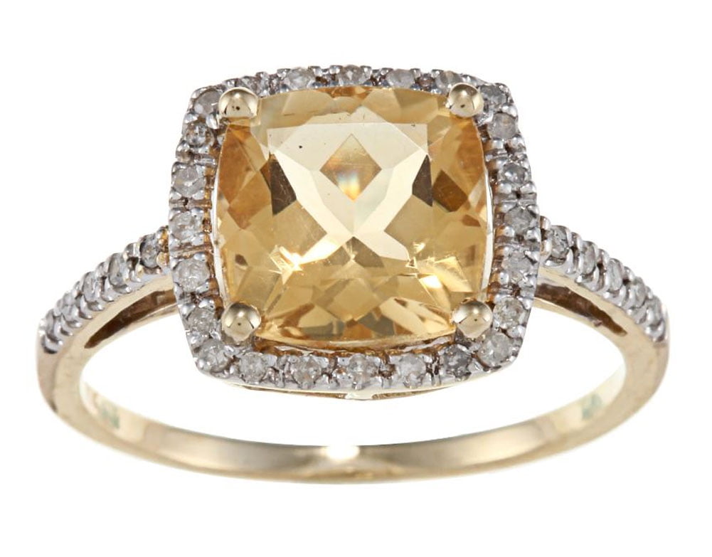 10k Yellow Gold Cushion Citrine and Diamond Halo Ring by Designer Diamonds