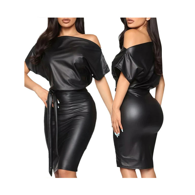 Women PU Leather Dress Black Short Sleeve Bodycon Pencil Skew Club Outfit  Dress 