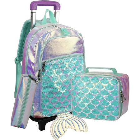 Rolling Backpack for Girls Mermaid Magic Sequin School Bag with Lunch ...