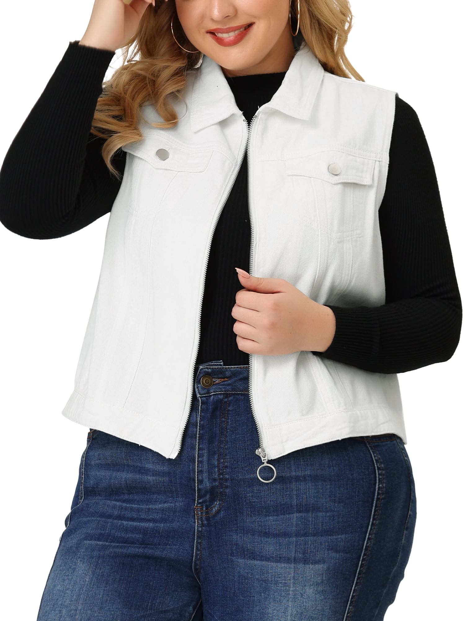 Agnes Women's Plus Zipper Front Sleeveless Denim Vest Jacket - Walmart.com