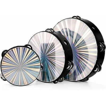 3 Pack Radiant Tambourine with Double Row Jingles, 6/8/10 Inch Hand Held Drum, Reflective Tambourines for Adults, Musical Instrumen for Church, Dance, Party, KTV