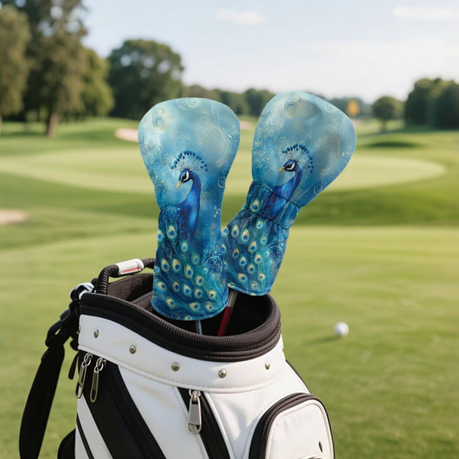 Uorisanigo Golf Club Covers Set of 3 Driver Headcover and Fairway Wood Head Covers Hybrid Headcovers, Blue Paisley Peacock Accessories Premium PU Leather Golf Head Cover