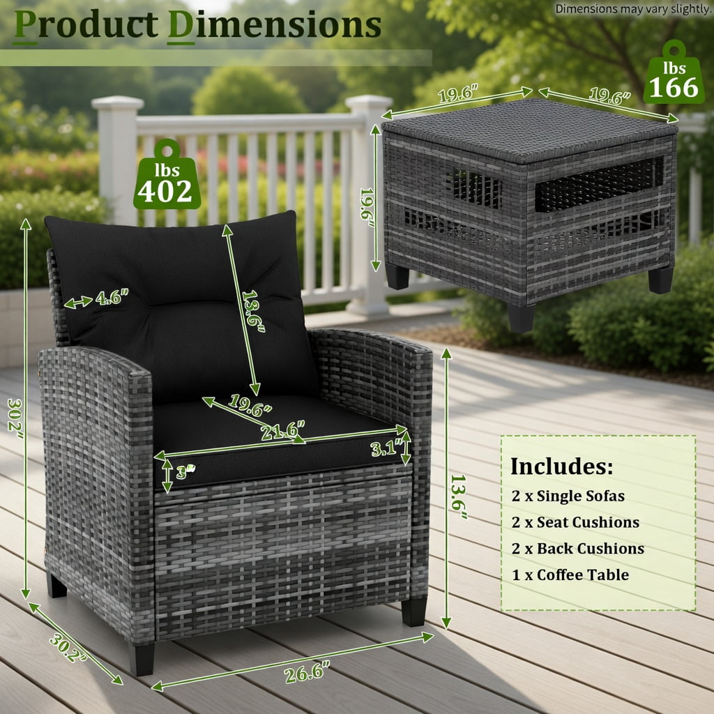 Hommoo 3-Piece Modern Outdoor Wicker Conversation Set, Steel Frame, Tempered Glass Table & Weather-Resistant Cushions, Black