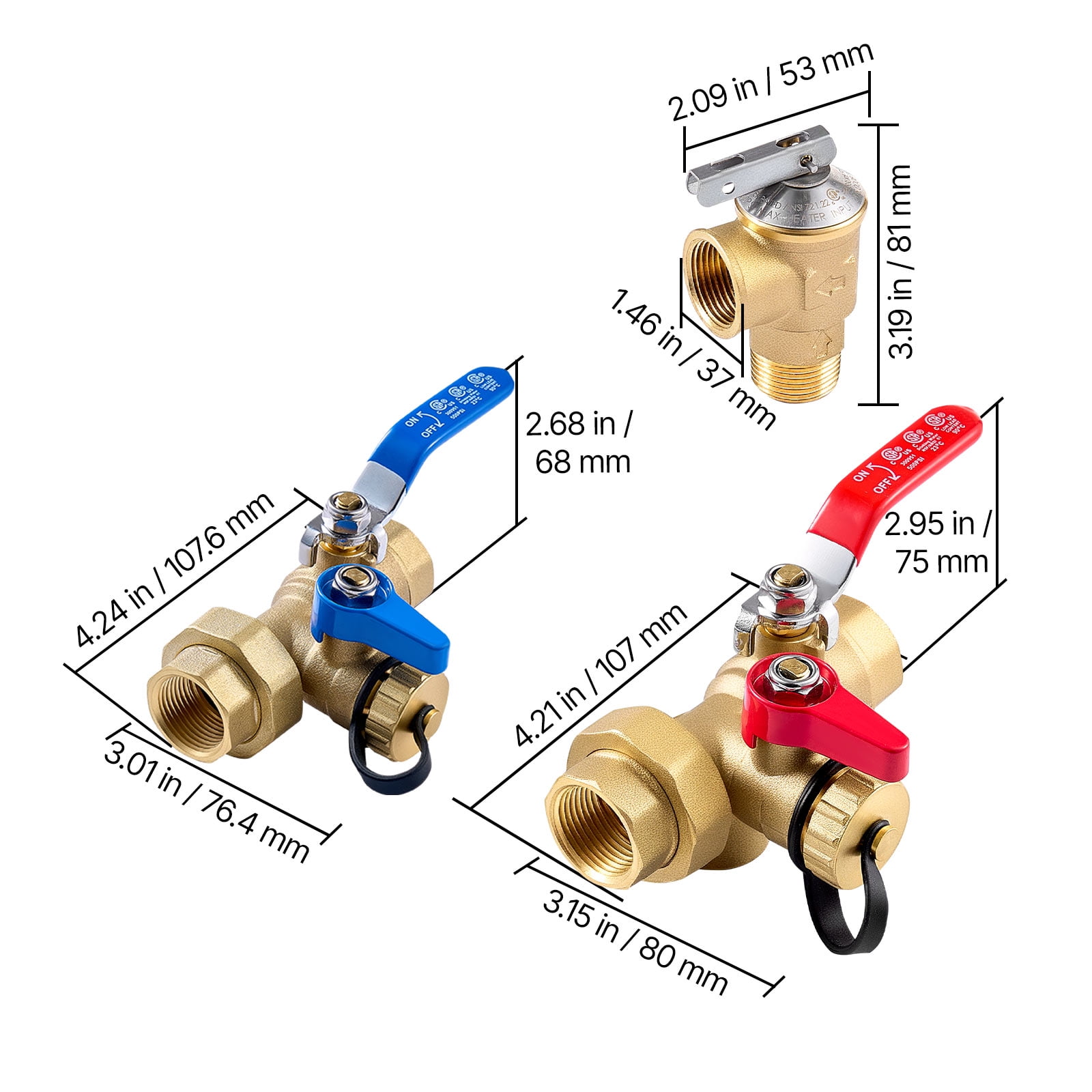 VEVOR Water Heater Kit, 3/4 Inch Tankless Water Heater Service Valve Kit with 2PCS 3/4″ NPT to 3/4″ NPT Isolation Valves, Pressure Relief Valve, Lead-Free Brass, Fits Most Tankless Waters Heaters