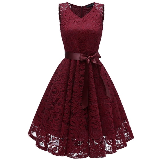 Bigersell Plus Size Dresses Women Vintage Princess Floral Lace Cocktail V-Neck Party Aline Swing Dress Women Sweater Dress Style 6569, Female Knee Length Dresses Wine L