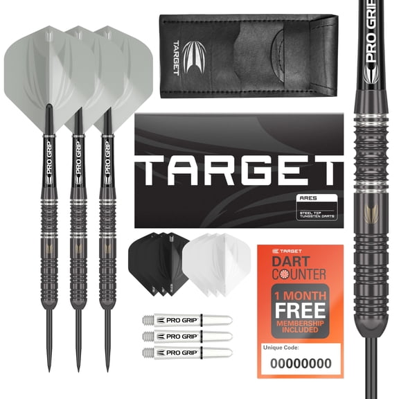 Target Darts Ares 24G Tungsten Steel Tip Darts Set - 6 Pro Grip Shafts - 9 Pro Ultra Flights – Dart Wallet - Dart Counter App Coupon Bundle