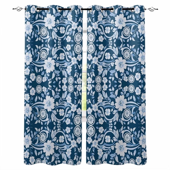 Navy Blue Floral Kitchen Curtains Vintage Pastoral Botanical Leaves Cafe Short Curtains for Bathroom Blackout Window Curtain Grommet Small Window Treatment Drapes for Bedroom Living Room 27.5"x39"x2