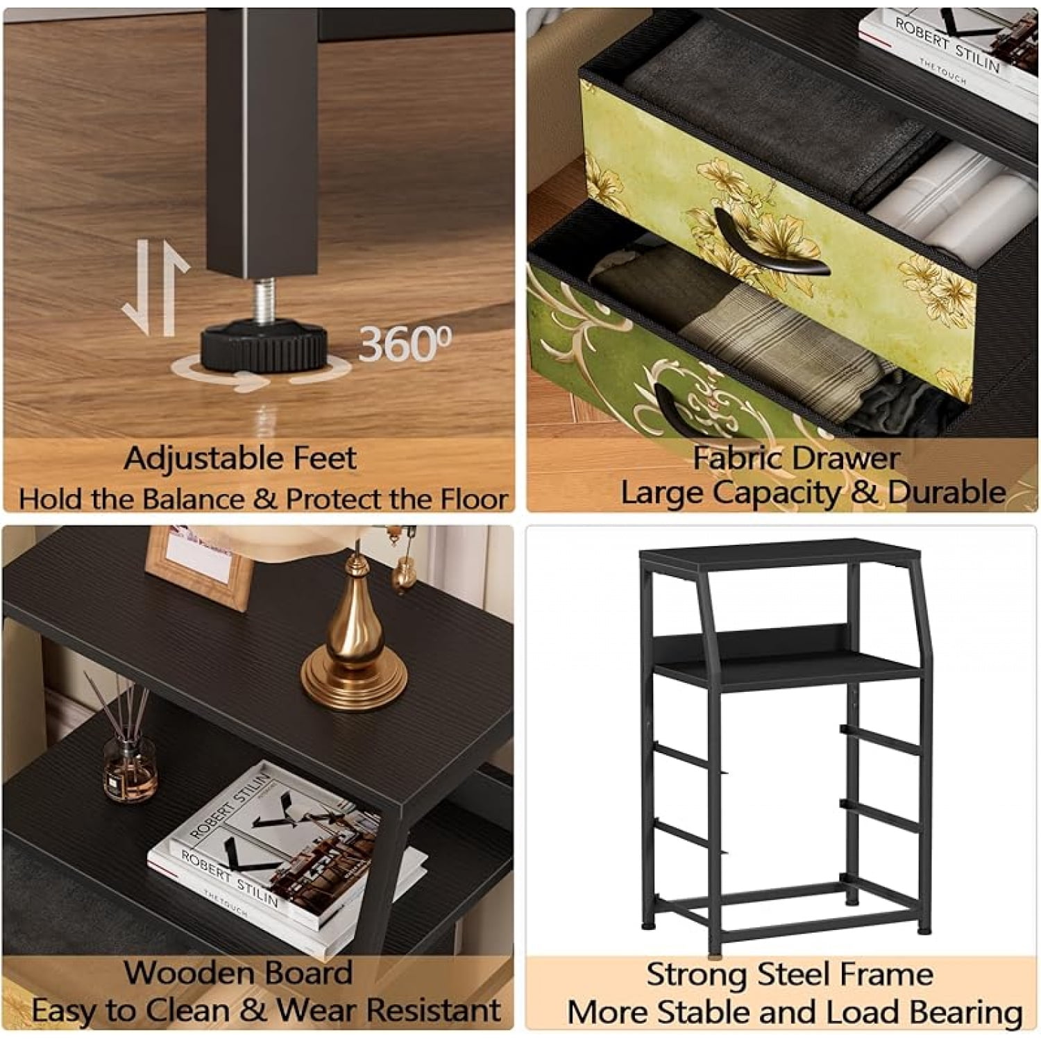 Tall 5 Drawers Dresser, Vertical Storage Tower for Bedroom, Hallway, Entryway, Nursery, Closet Organizer, Nightstand Bedside Table Furniture, Sturdy Steel Frame, Wood Top