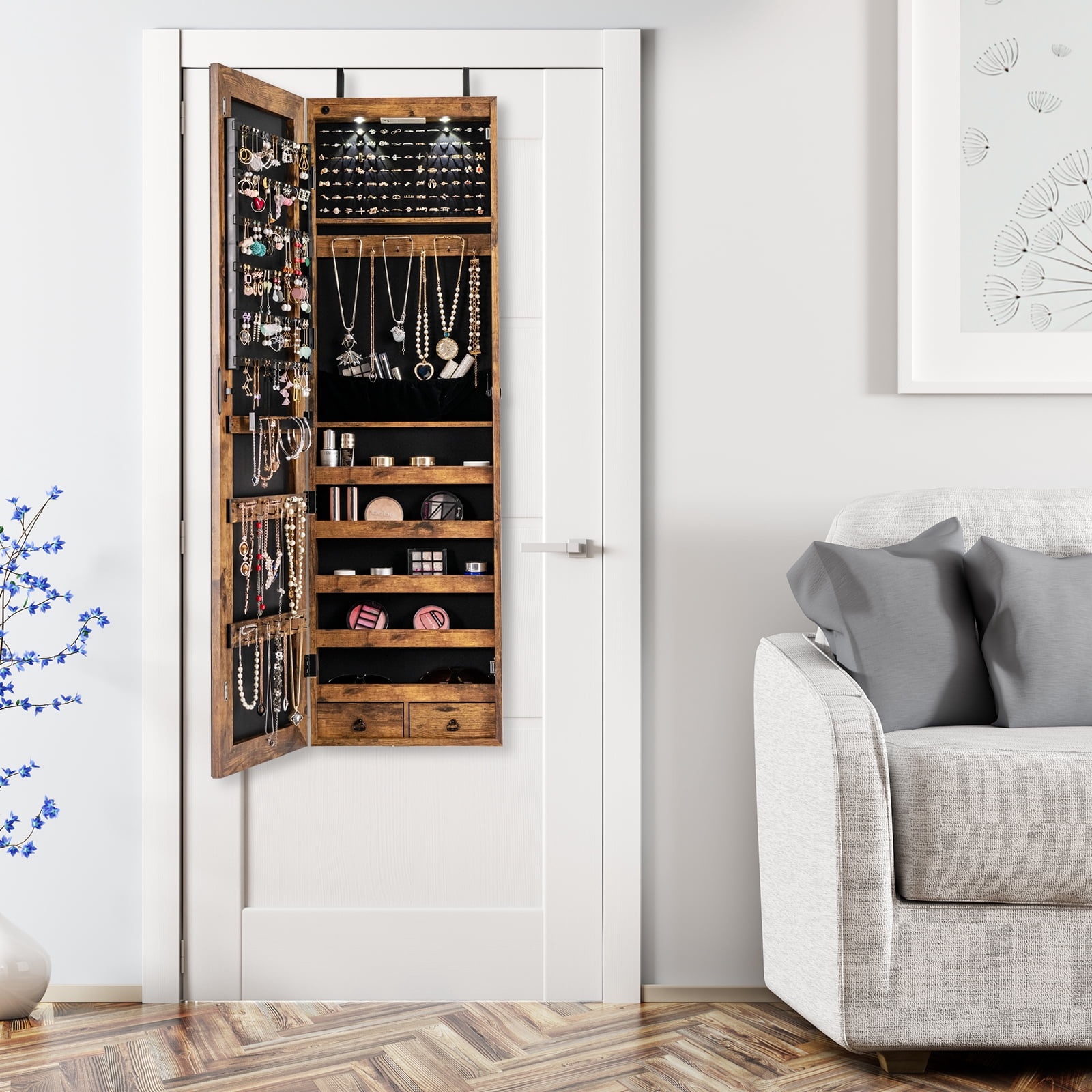 Patiojoy Lockable Wall Door Mounted Storage Organizer Mirrored Jewelry Cabinet w/ Lights Rustic Brown