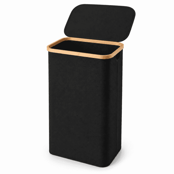 FOUKUS 100L Large Laundry Hamper with Lid: Laundry Basket with Bamboo Handles for Clothes and Toys, Freestanding Collapsible Laundry Basket for Bedroom and Bathroom - Black