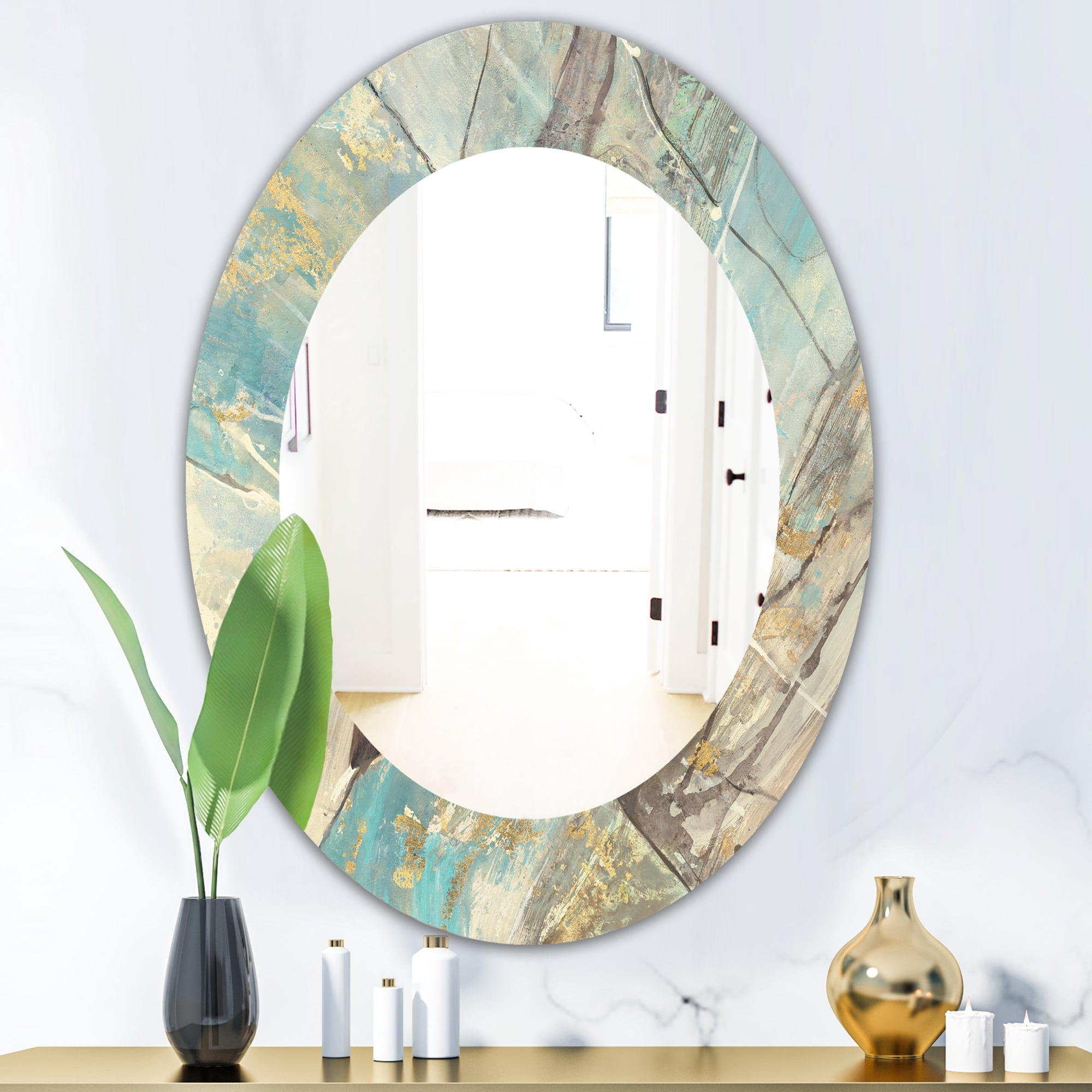 Designart 'Mineral Landscape In Blue, Cream and Brown' Traditional Mirror - Oval or Round Wall Mirror
