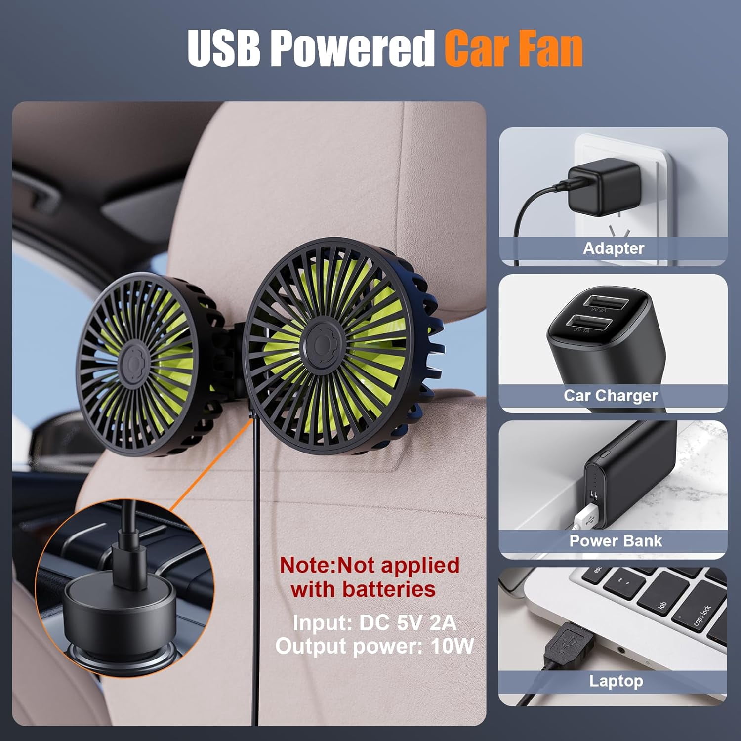 Wiher Car Fan for Backseat, Dual Head USB Car Seat Fan, 3 Speeds Strong Wind 360° Rotatable Vehicle Rear Headrest Fan for Car, Air Circulation Car Fans with Adjustable Clip for All Car Models