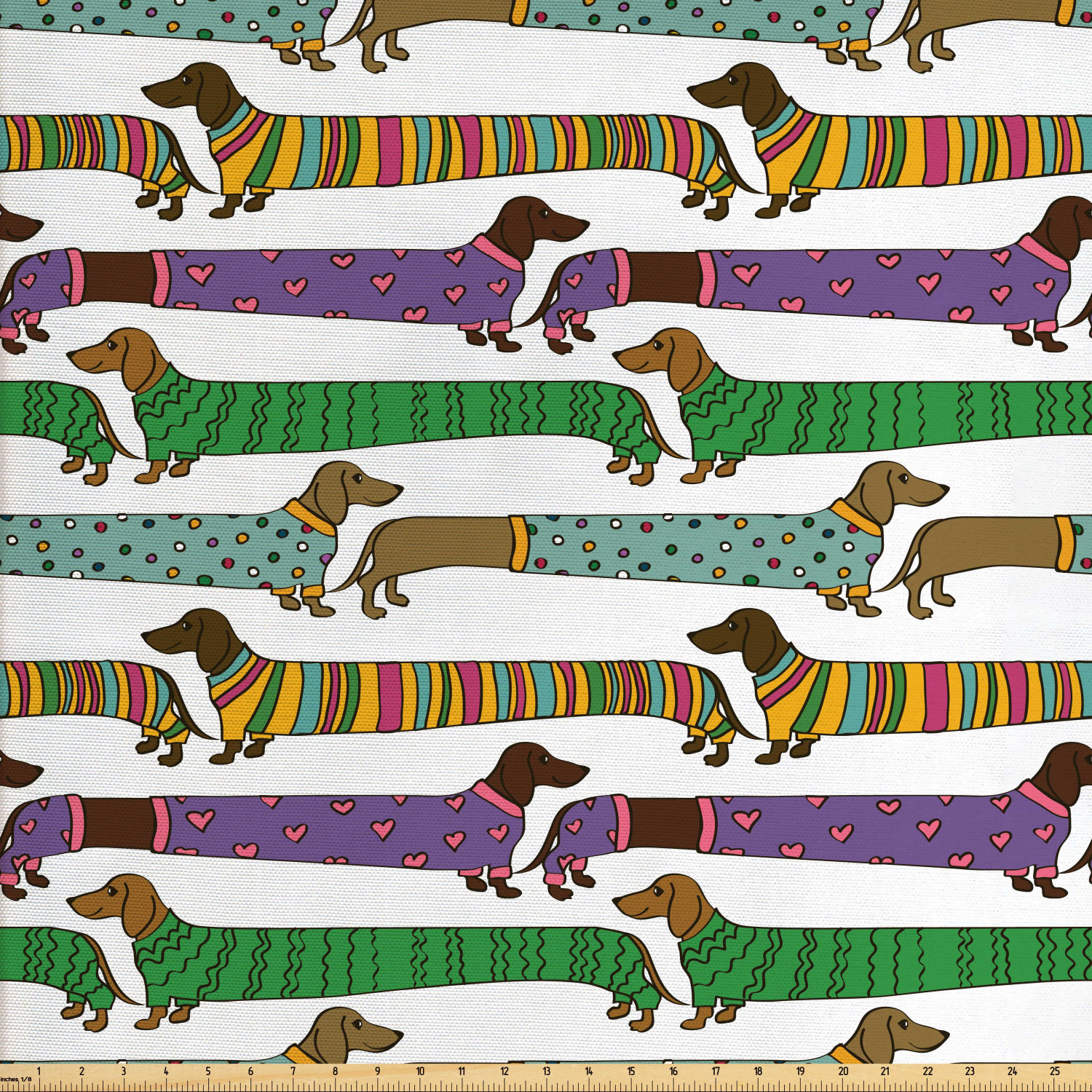 Dog Lover Fabric by The Yard, Cartoon Style Dachshunds Dressed in