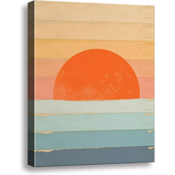 Boho Sun Wall Art, Framed Canvas Wall Art Rainbow Sun Rising on the Horizon Geometric Nature Illustrations Line Art Wall, Mid-Century Modern Prints Boho Wall Decor for Living Room, Bedroom, Bathroom,