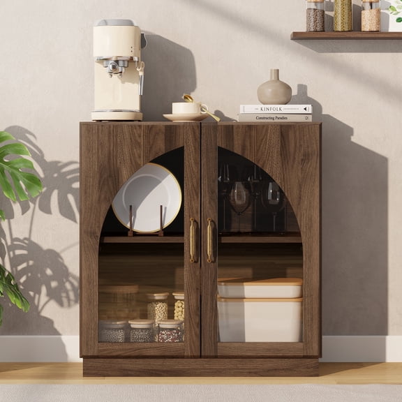 Aufeile 30" Sideboard Buffet Cabinet with Arched Glass Doors, Modern Accent China Cabinet with Adjustable Shelf for Dining Room, Entryway, Walnut