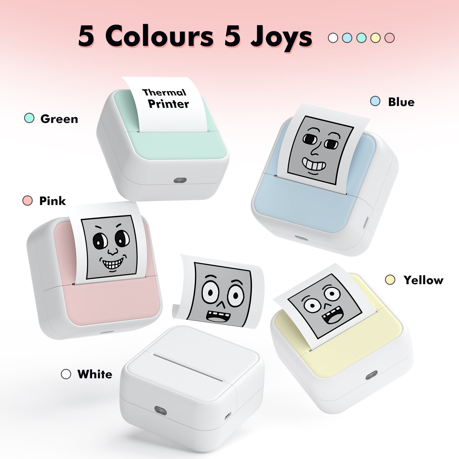 Portable Thermal Printer Inkless Printers Bluetooth  Mini Sticker Maker Machine with 1 Rolls Printing Paper for Study Notes Pictures DIY Label