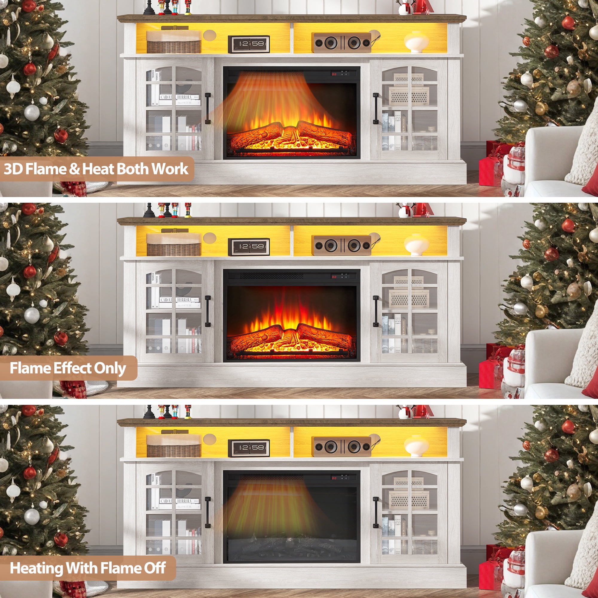 Paproos Fireplace TV Stand for 65 inch TV with LED Lights, 32.0in Tall TV Stand with 23'' Electric Fireplace, Entertainment Center for Living Room, 400 Sqt Heating Area, Brown Tabletop&White Cabinet