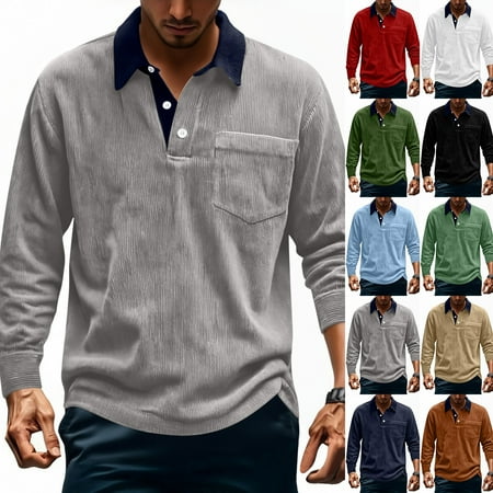 Feancey Mens Corduroy Polos Shirts Big and Tall Long Sleeve Button Up Collared T-Shirt Solid Color Vintage Washed Golf Shirt Casual Work Tees Orange 4XL