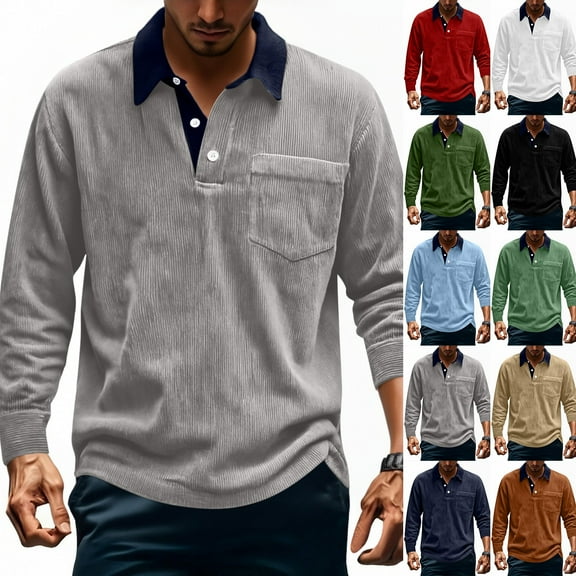 RongHuan Men's Big and Tall Corduroy Shirt Lightweight Quarter Button Golf Shirts Casual Long Sleeve T-Shirts Vintage Lapel Tops