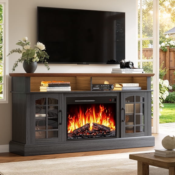 PAPROOS Fireplace TV Stand with LED Lights for 65" TVs, Electric Entertainment Center with 23'' Fireplace, for 400 Sqt Heating Area, Brown Tabletop&Black Cabinet