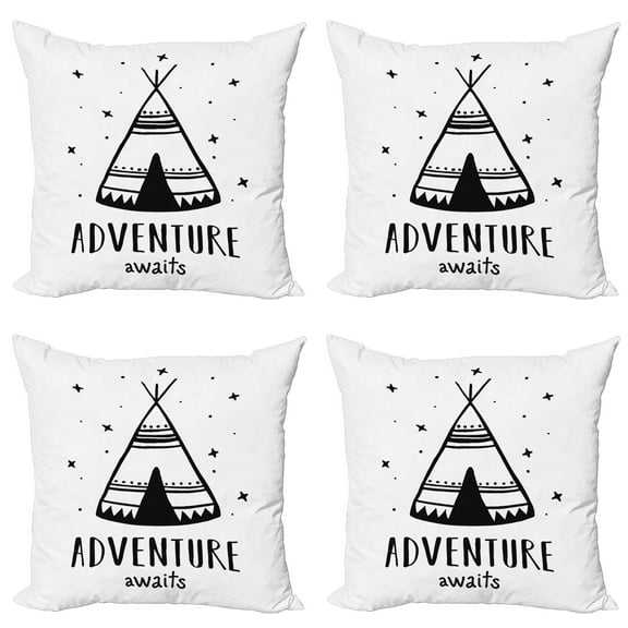 Ambesonne Saying Throw Pillow Cover 4 Pack, Stars Tent Doodle and Words, 24", White and Black
