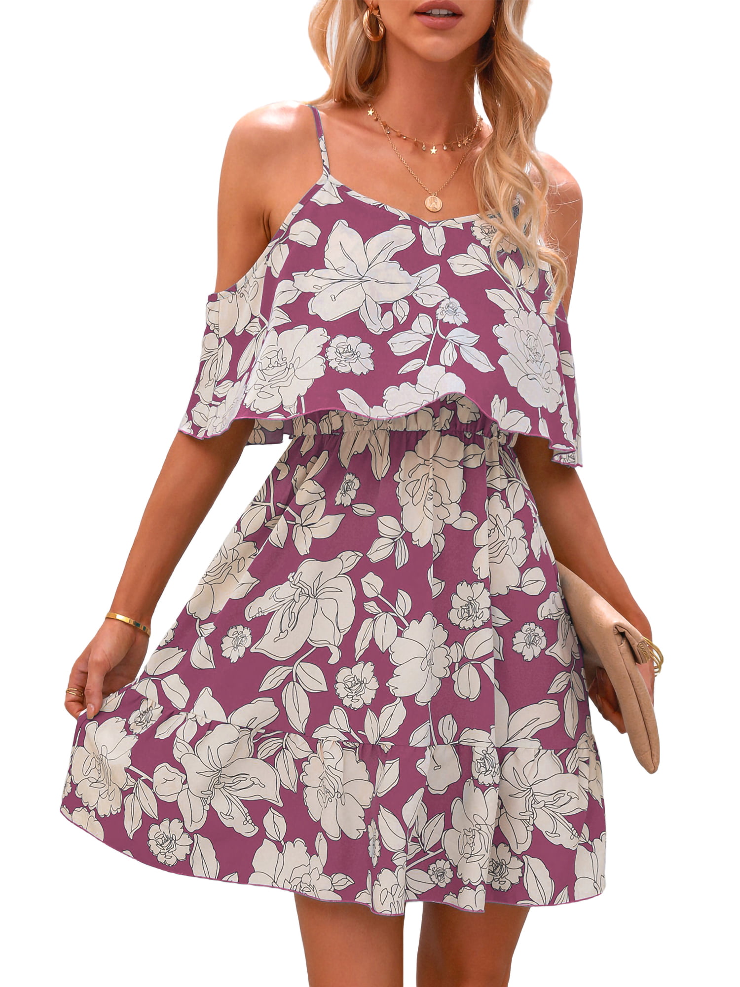 YUNDAI Women Summer Casual Sleeveless Boho Floral Elastic Sundress Loose Swing Short Dress with Pockets 