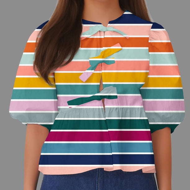 Fiudx Ofertas de La Semana Top de Camiseta con Cuello Redondo y Manga Farol Plisada con Lazo para Mujer